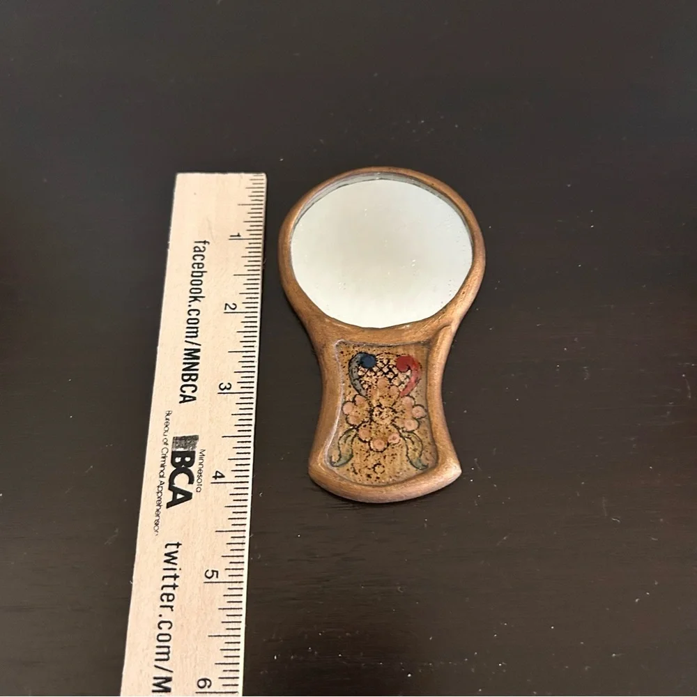 Vintage hand-painted reverse-painted glass and wood hand mirror brown 4x2.5” - Picture 2 of 6